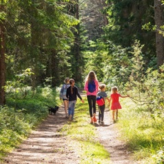Děti na procházce lesem s maminkou