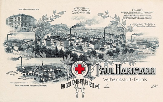 Ιστορική καρτ ποστάλ όπου απεικονίζονται οι κεντρικές εγκαταστάσεις της PAUL HARTMANN AG, καθώς και διάφορα παραρτήματα και εργοστάσια παραγωγής.