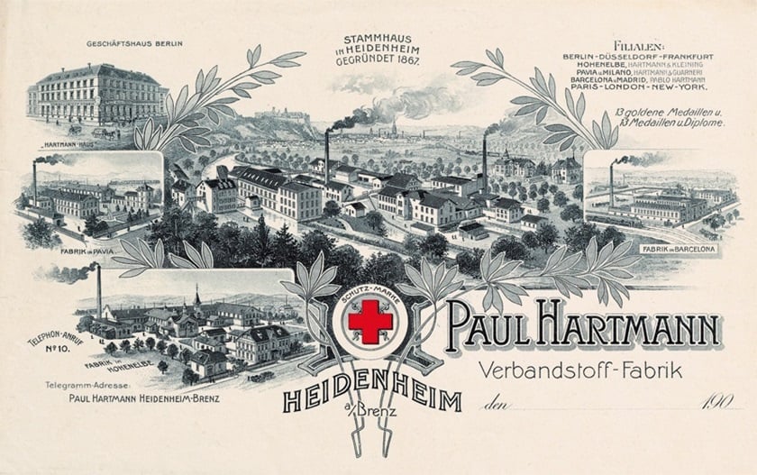 Историческа пощенска картичка, показваща седалището, различни клонове и производствени обекти на PAUL HARTMANN AG.