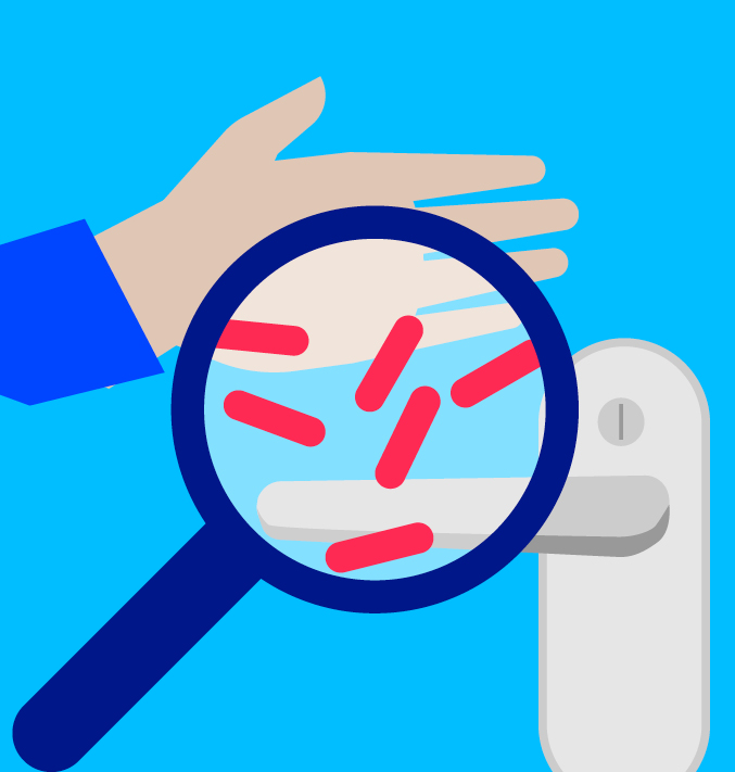 Illustration of a magnifying glass showing pathogens on a hand
