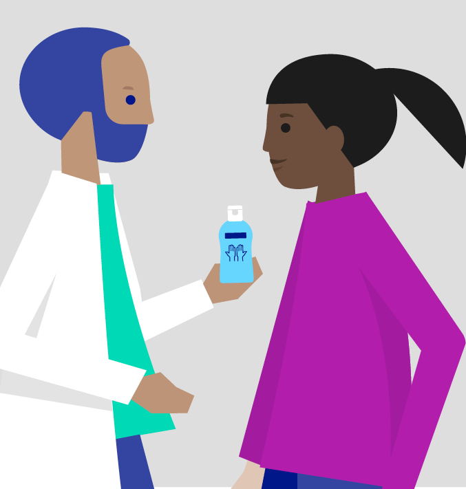 Healthcare worker offers a hand disinfectant bottle to a patient, illustrating hand hygiene and infection control in a clinical setting.