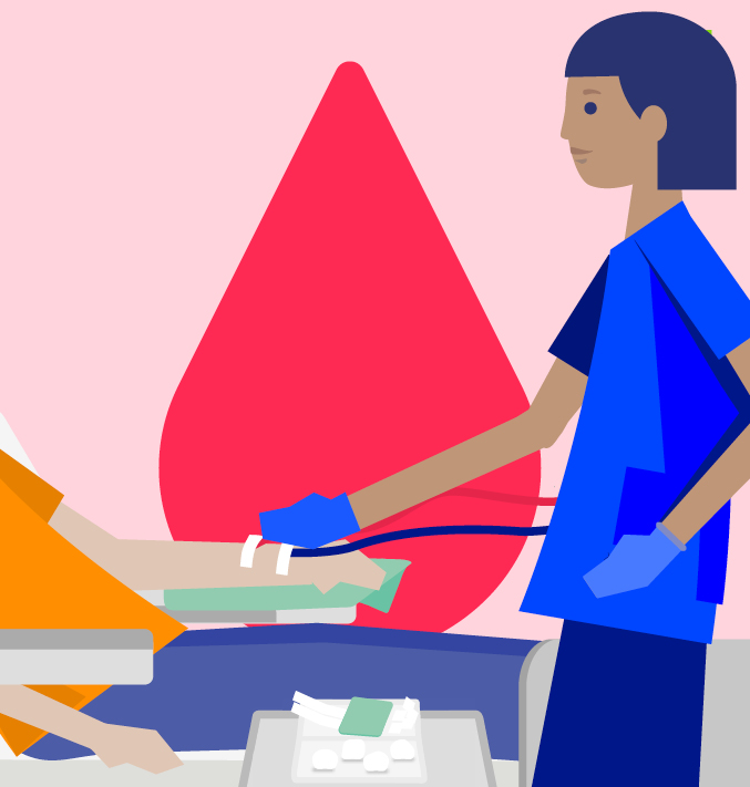 Illustrated woman placing a venous catheter to another person with a light red background and a red drop of blood 