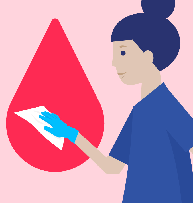 Illustrated nurse wiping with a surface disinfectant tissue with a light red background and a red drop of blood.
