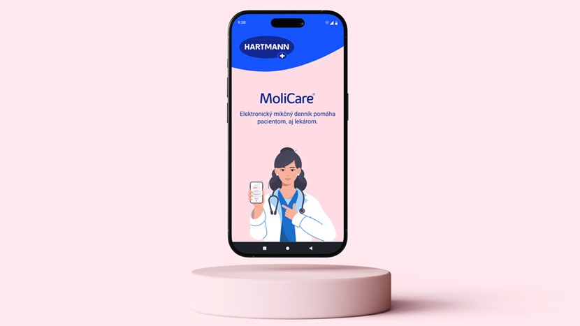 MoliCare (Hartmann) – elektronický mikčný denník v mobile; obrazovka aplikácie s ilustráciou lekára na ružovom pozadí.