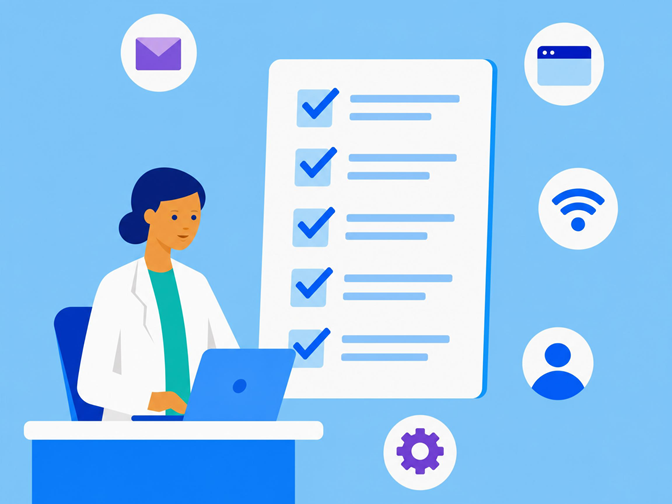 Healthcare Professional sitzt an einem Schreibtisch und bildet sich am Laptop mit der HARTMANN Academy weiter. Um die Person herum sind technische Icons und eine Illustration einer Checkliste zur Problembehebung zu sehen.