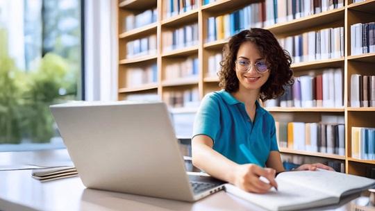 Young woman taking notes while attending an online course.