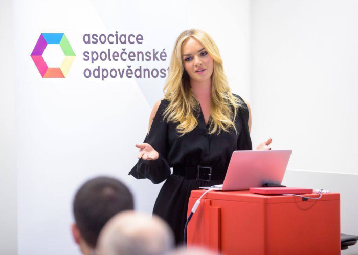 Tatiana Gregor Brzobohata holding a speech at conference