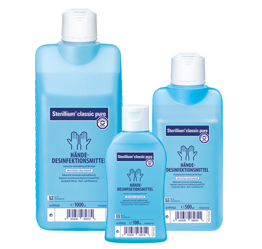 Sterillium® classic pure Produkte auf einem weißen Hintergrund.