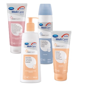 Pečující řada MoliCare Skin je řada kosmetiky, která ideálně doplňuje inkontinenční pomůcky. Balení ochranné pěny na pokožku, tělového mléka, olejů a krémů jsou podle účelu použití barevně odlišeny.
