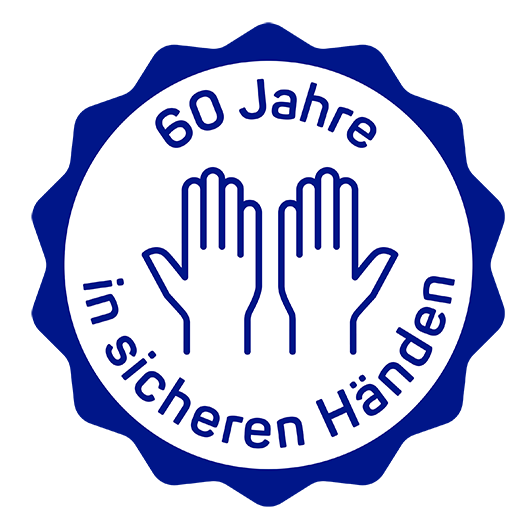 Grafik, blaues Signet Logo Sterillium 60 Jahre in sicheren Händen.