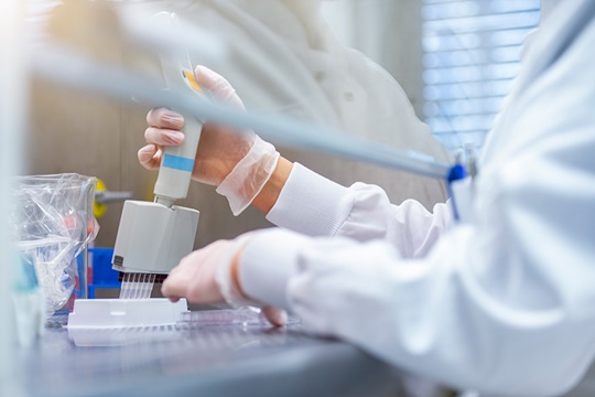 A laboratory worker examines a sample.