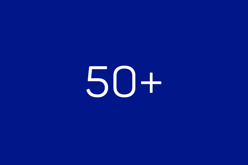 White lettering on dark blue background: 50+