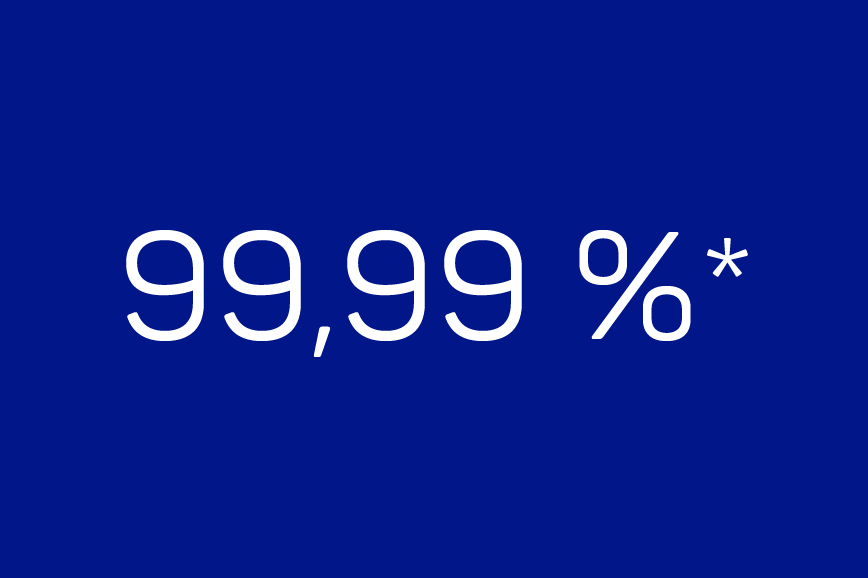 White lettering on dark blue background: 99,99%