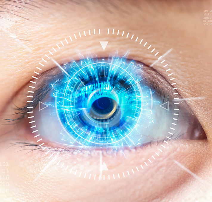 Auge mit blauer Iris umrahmt von Messkreis