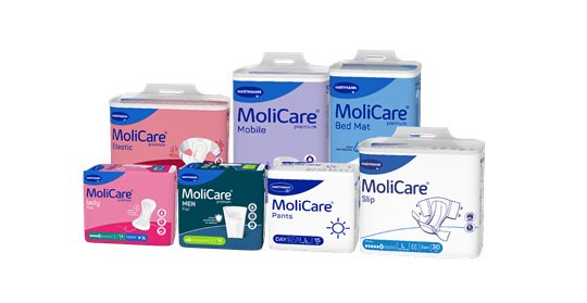 Różne produkty MoliCare® na białym tle -HARTMANN Polska