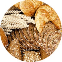 Brot, Brötchen, Weizen und Hörnchen als Ansicht von oben, rund