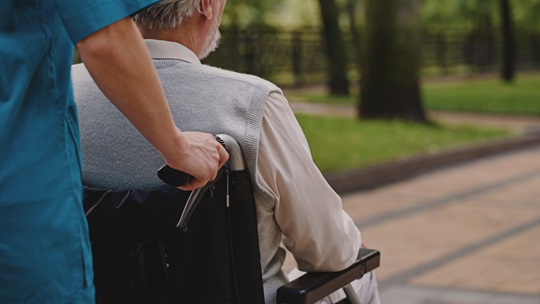 Pflegerin schiebt Patient im Rollstuhl durch einen Park