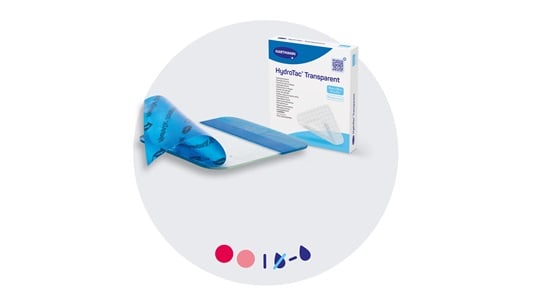 grauer Button mit Hydrotac transparent Produkt und Packung darin und bunte Phaseneinteilung