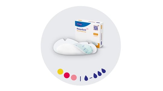 grauer Button mit Resposorb Silicone Border Produkt und Packung darin und bunte Phaseneinteilung