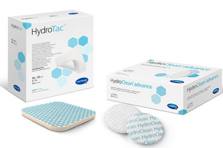 Kompozícia balenia a vankúšikov výrobkov HydroTac a HydroClean Advance ukazuje ucelený koncept HydroTerapie na liečbu komplikovaných rán od značky HARTMANN