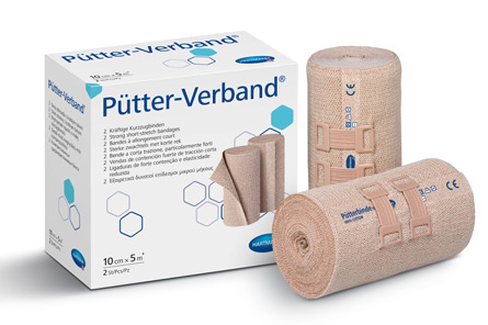 Trvalo elastické krátkoťažné ovínadlo Pütter-Verband s krabičkou v pozadí je jedným z produktov na kompresnú terapiu od HARTMANN 