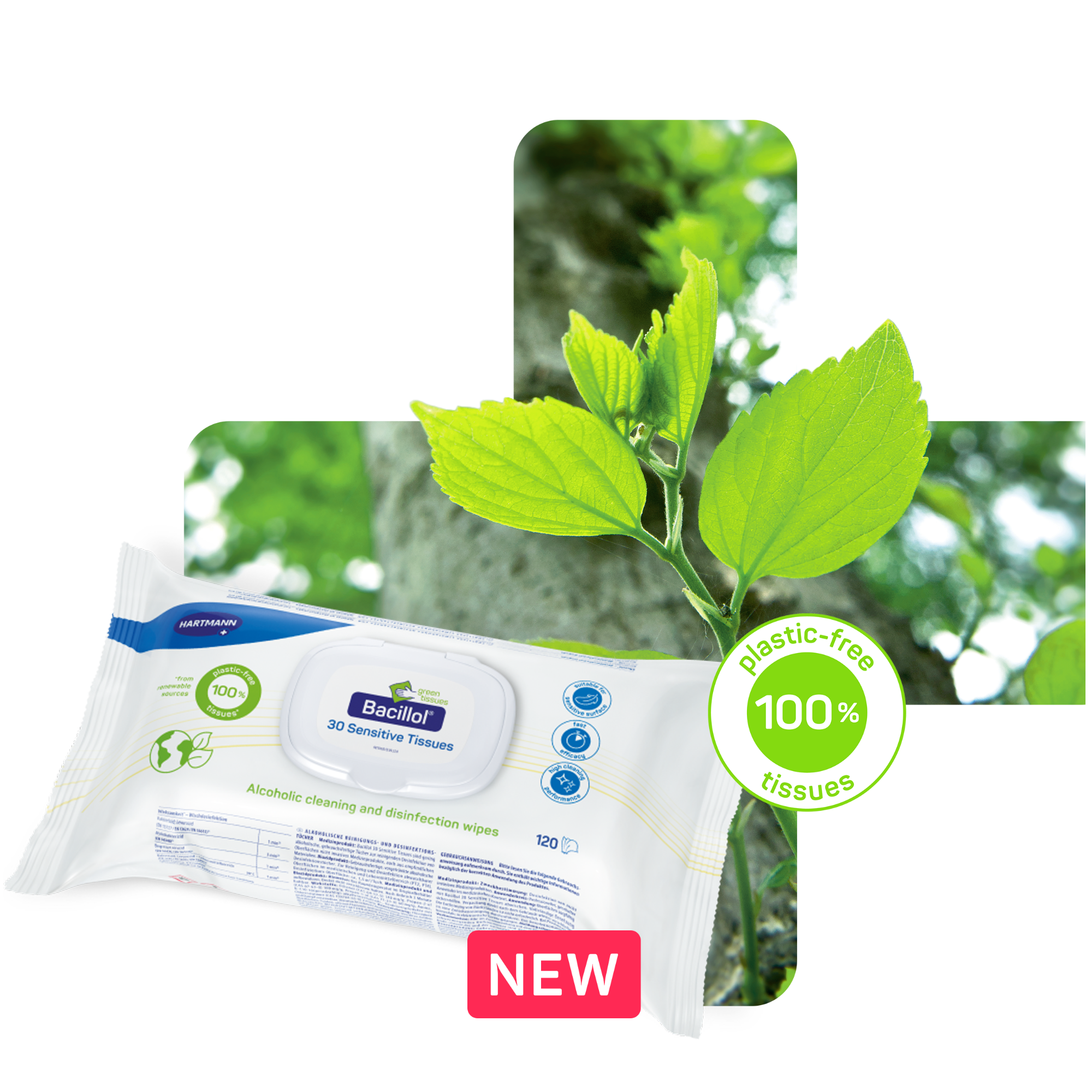 Foto einer grünen Pflanze. Davor eine Verpackung Bacillol® 30 Sensitive Green Tissues und der Text “100% plastikfreie Tücher”.