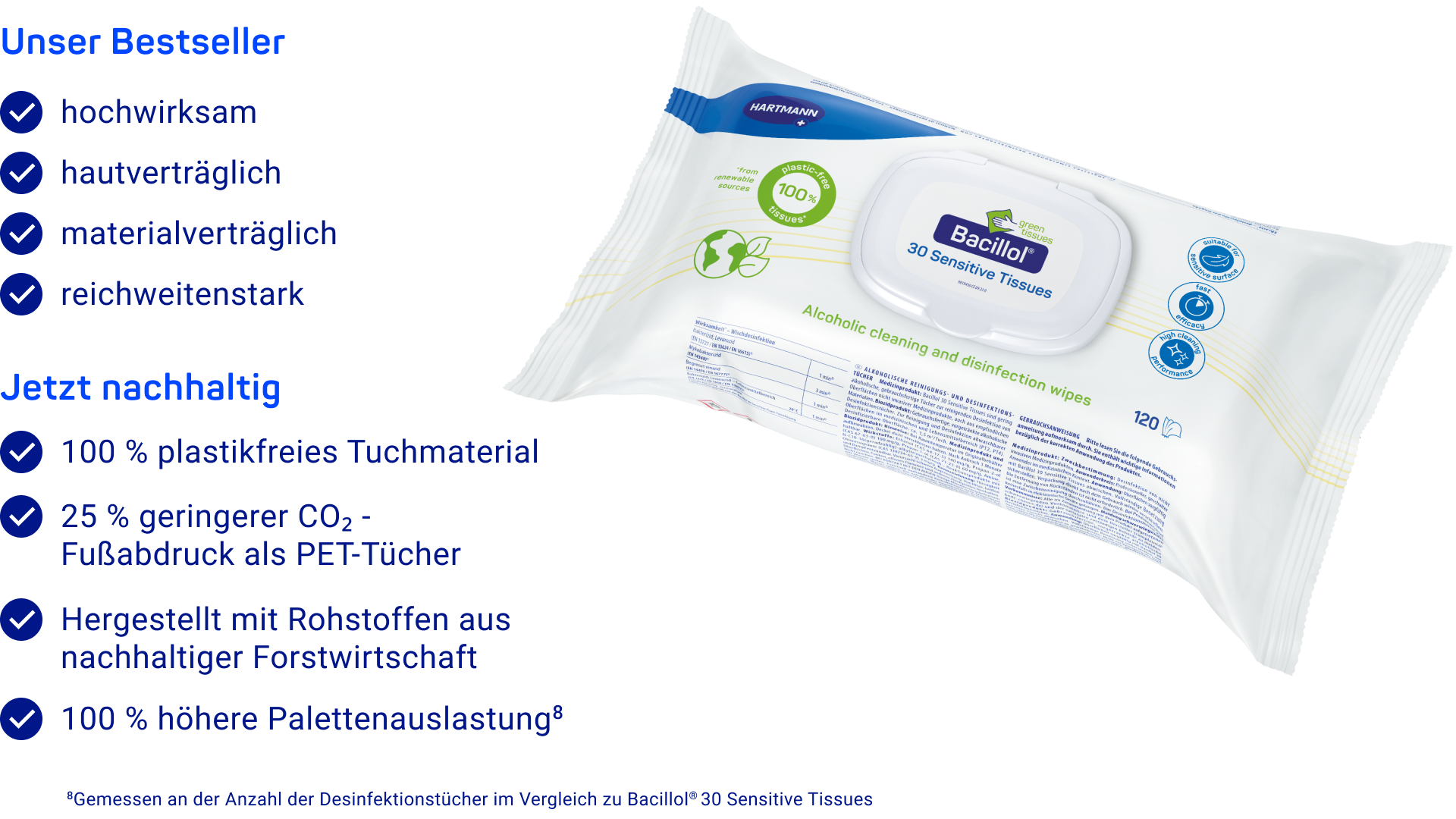 Foto einer Bacillol® Verpackung und Texte, die die Vorteile des Produktes beschreiben: hochwirksam, hautverträglich, materialverträglich, reichweitenstark, 100 % plastikfreies Tuchmaterial, 25 % geringerer CO₂-Fußabdruck als PET-Tücher, hergestellt mit Rohstoffen aus nachhaltiger Forstwirtschaft, 100 % höhere Palettenauslastung.