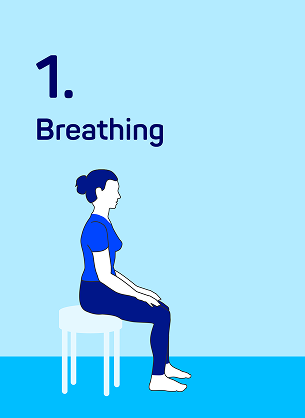 Illustration of a woman sitting upright on a chair, titled 'Breathing'.