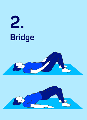 Illustration of a woman on a mat performing a bridge pose, titled 'Bridge'.