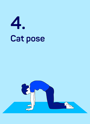 Illustration of a woman on a mat in cat pose, titled 'Cat Pose'.