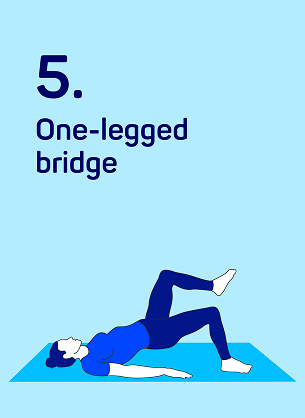 Illustration of a woman on a mat performing a one-legged bridge, titled 'One-Legged Bridge'