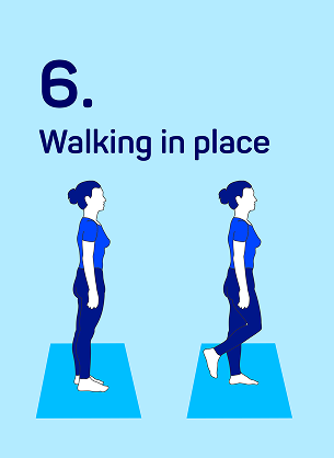 Illustration of a woman standing on a mat, walking in place, titled 'Walking in Place'.