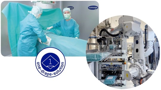 Surgical team using Hip One-Drape Solution and robot-assisted drape manufacturing