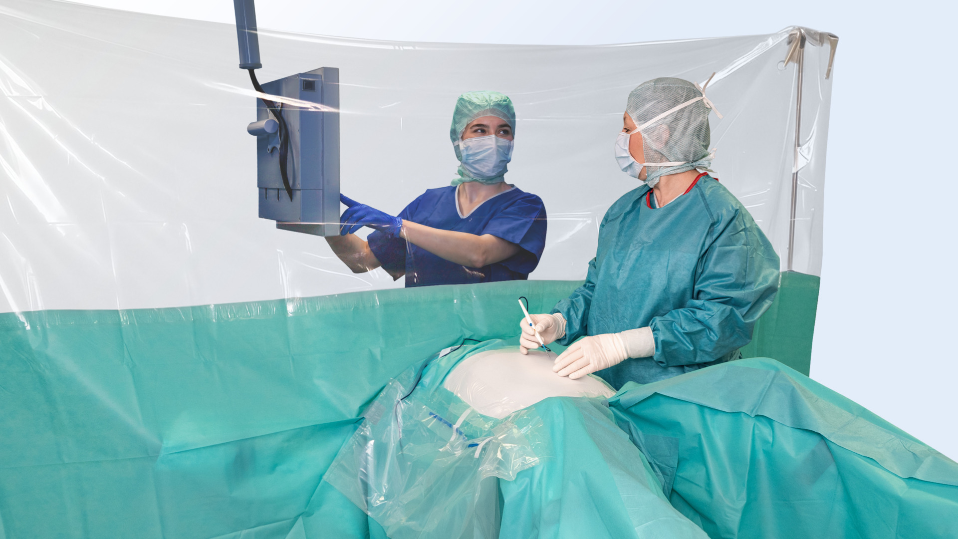 Surgeon and anesthesiologist with a transparent anesthesia panel.