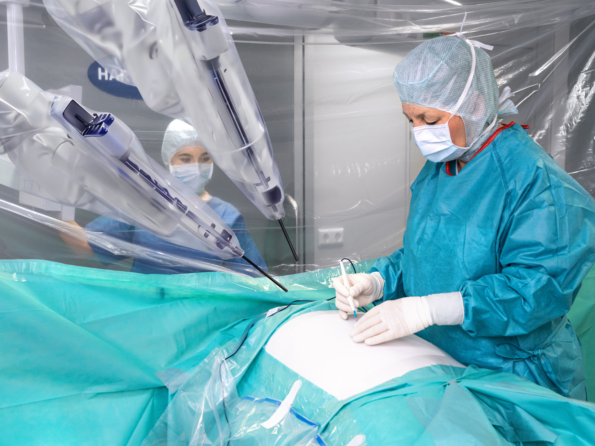 Female surgeon at Robotic Laparoscopy. 