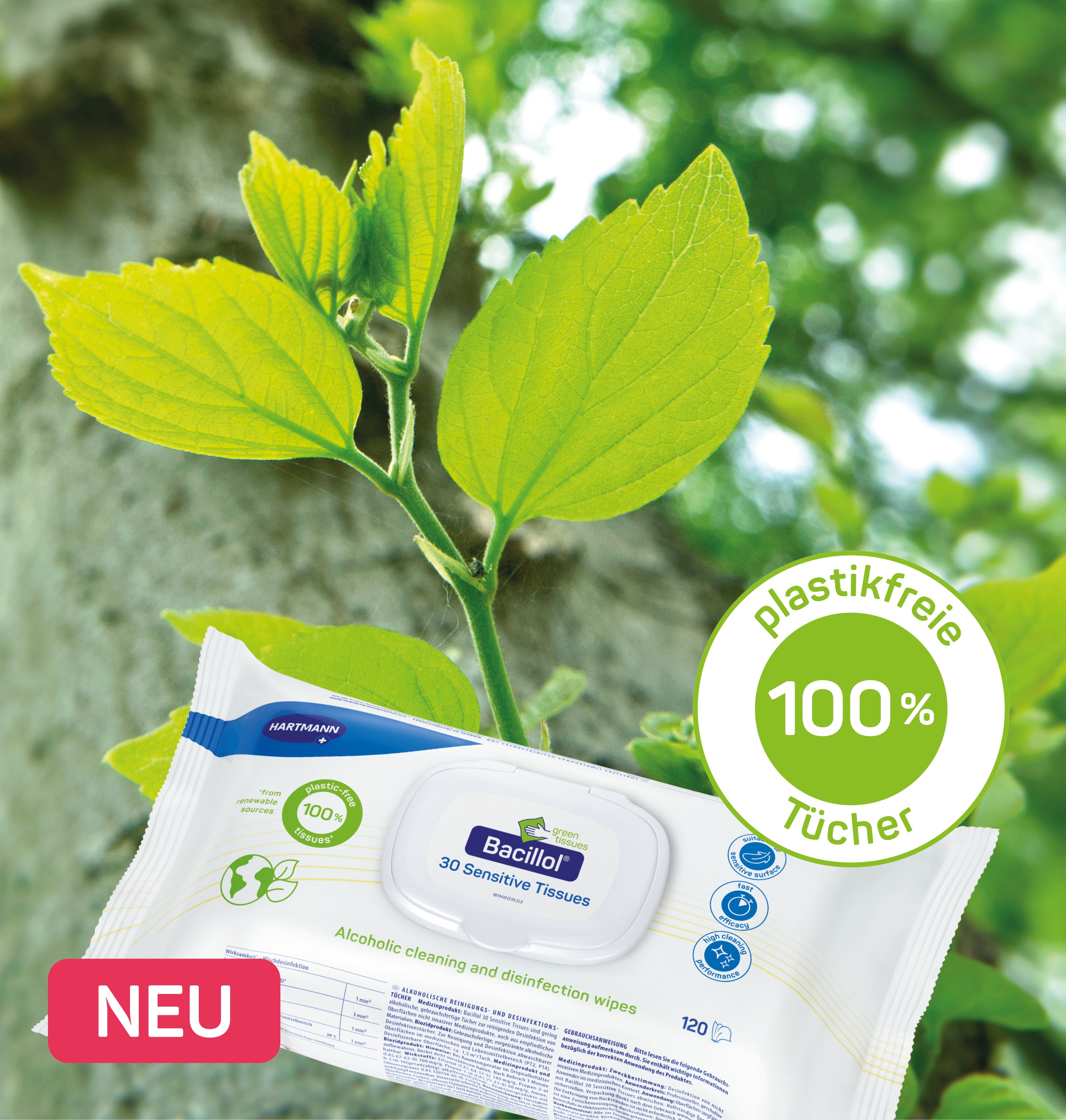 Foto einer grünen Pflanze. Davor eine Verpackung Bacillol® 30 Sensitive Green Tissues und der Text “100% plastikfreie Tücher”.