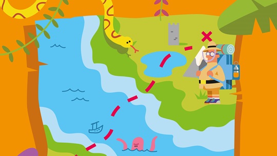 Illustration Wasser und Dschungel mit einer rot gestrichelten Linie darin und einer Schlange und einem Mann mit Rucksack