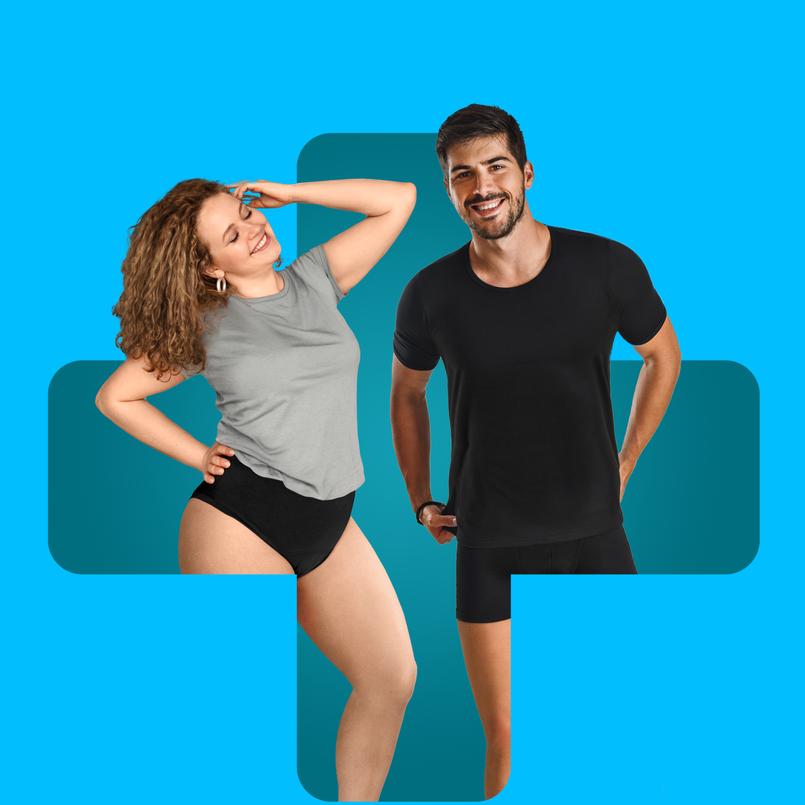 Ein lächelnder Mann und eine lächelnde Frau nebeneinader. Beide tragen MoliCare® Absorbent underwear.