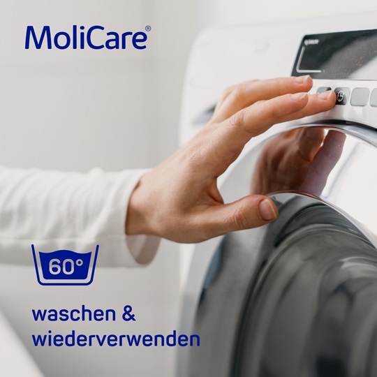 Foto einer Waschmaschine. Daneben der Text “waschen & wiederverwenden”.