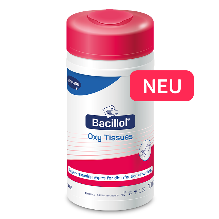 Jumbo can packaging of Bacillol Oxy Tissues with a red lid. At the bottom right, a red tag says ‘NEW’.