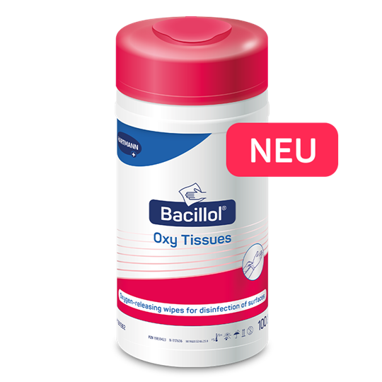 Jumbo can packaging of Bacillol Oxy Tissues with a red lid. At the bottom right, a red tag says ‘NEW’.