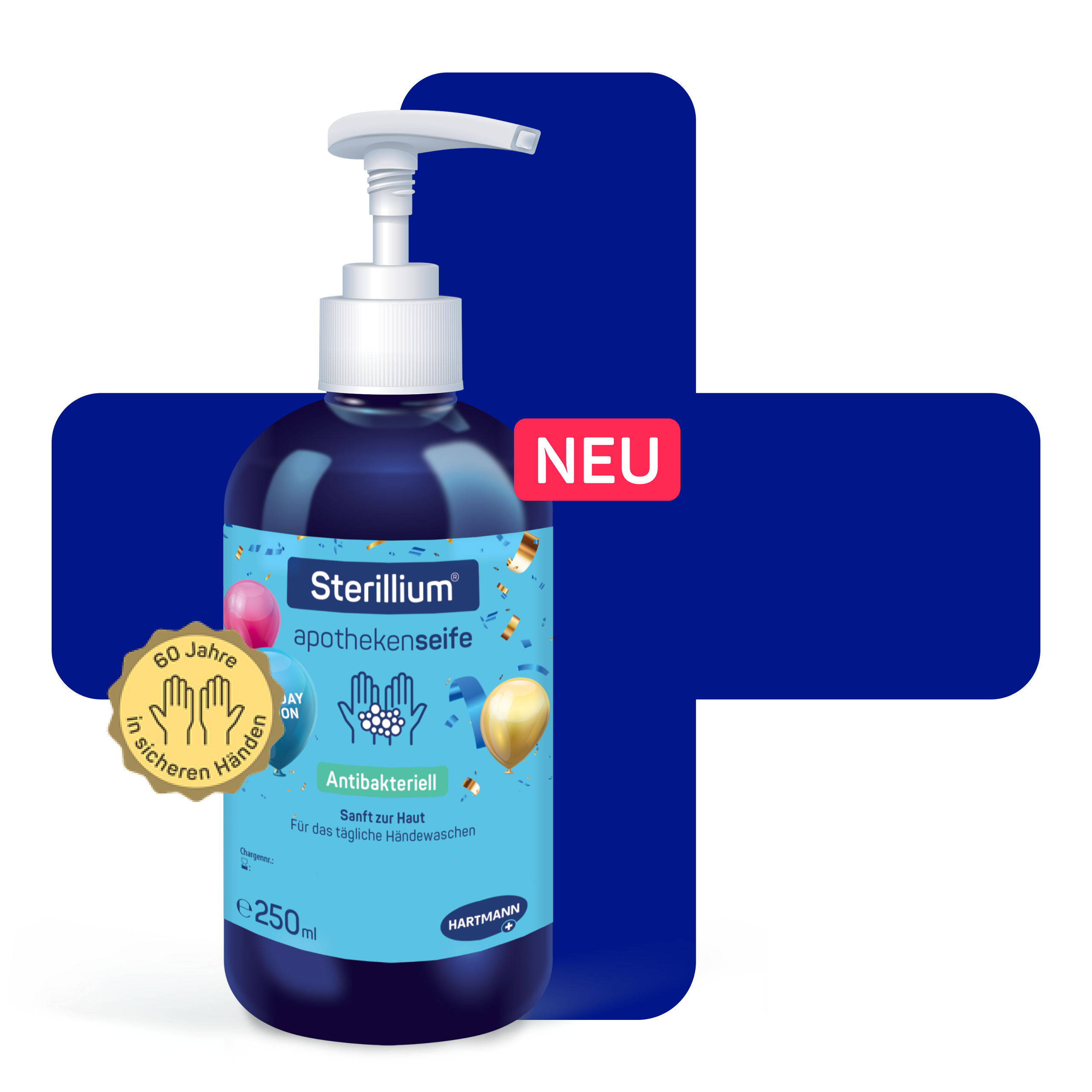 Spenderflasche Sterillium® apothekenseife neben Icons mit der Aufschrift “NEU” und “60 Jahre in sicheren Händen”