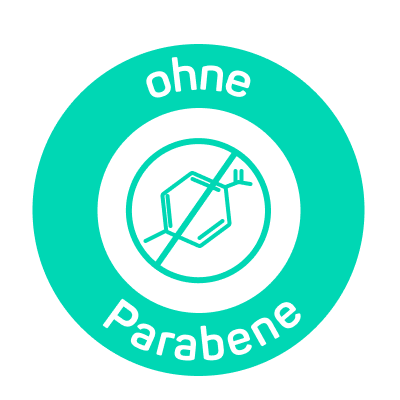 Icon mit der Aufschrift “ohne Parabene” und einem illustrierten Molekül in der Mitte.