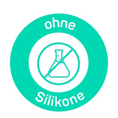 Icon mit der Aufschrift “ohne Silikone” und einem illustrierten Reagenzglas in der Mitte.