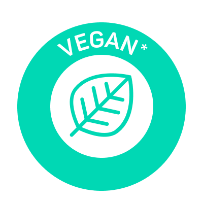Icon mit der Aufschrift “VEGAN” und einem illustrierten Pflanzenblatt in der Mitte.