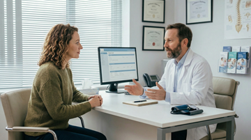 Illustration einer Arztszene, Patientin konsultiert einen Doktor zu gesundheitlichen Beschwerden, KI-generiert