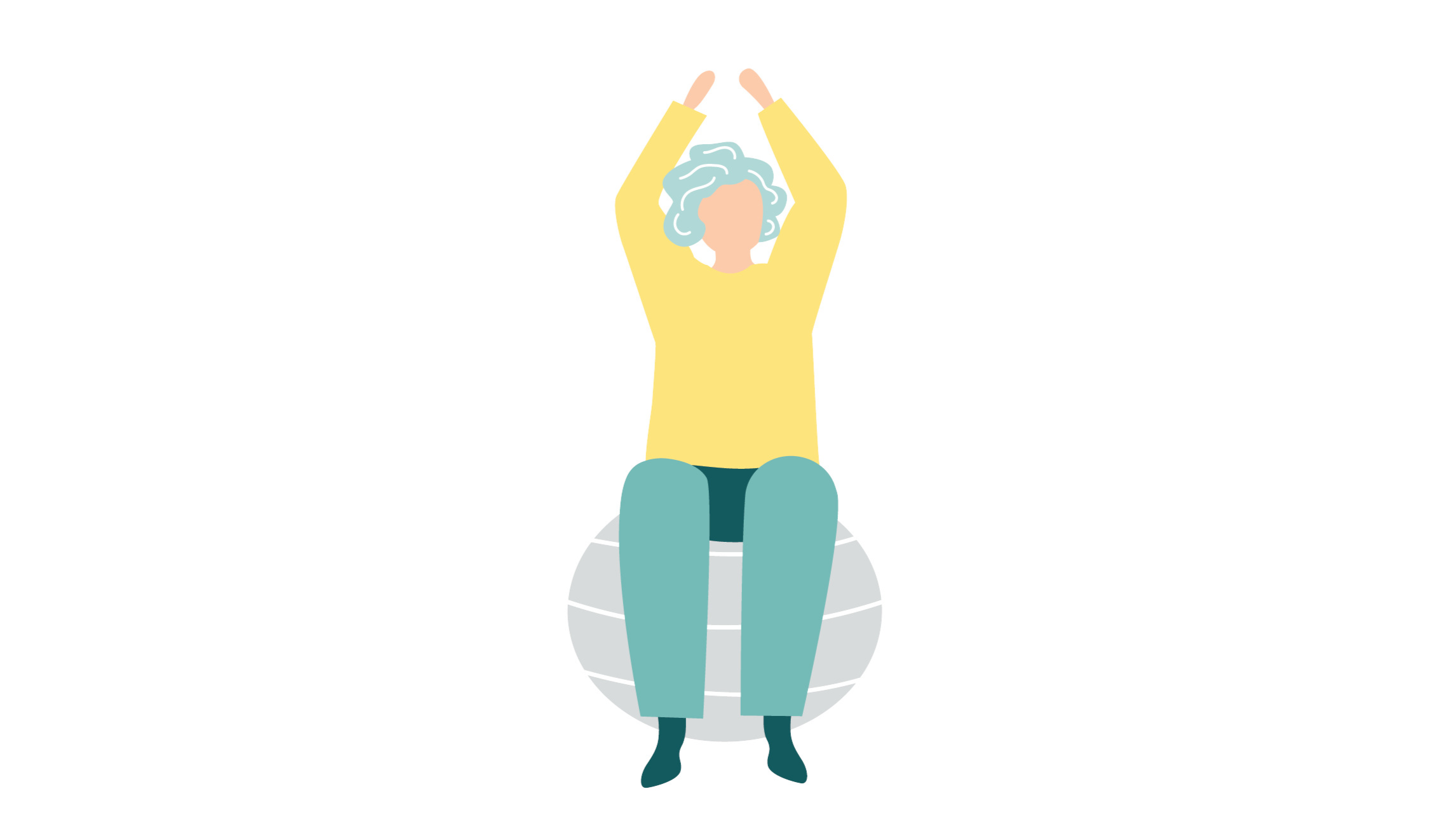  Illustration of a person with light hair sitting on a gray stability ball, lifting their arms gracefully, depicting balance and fitness.