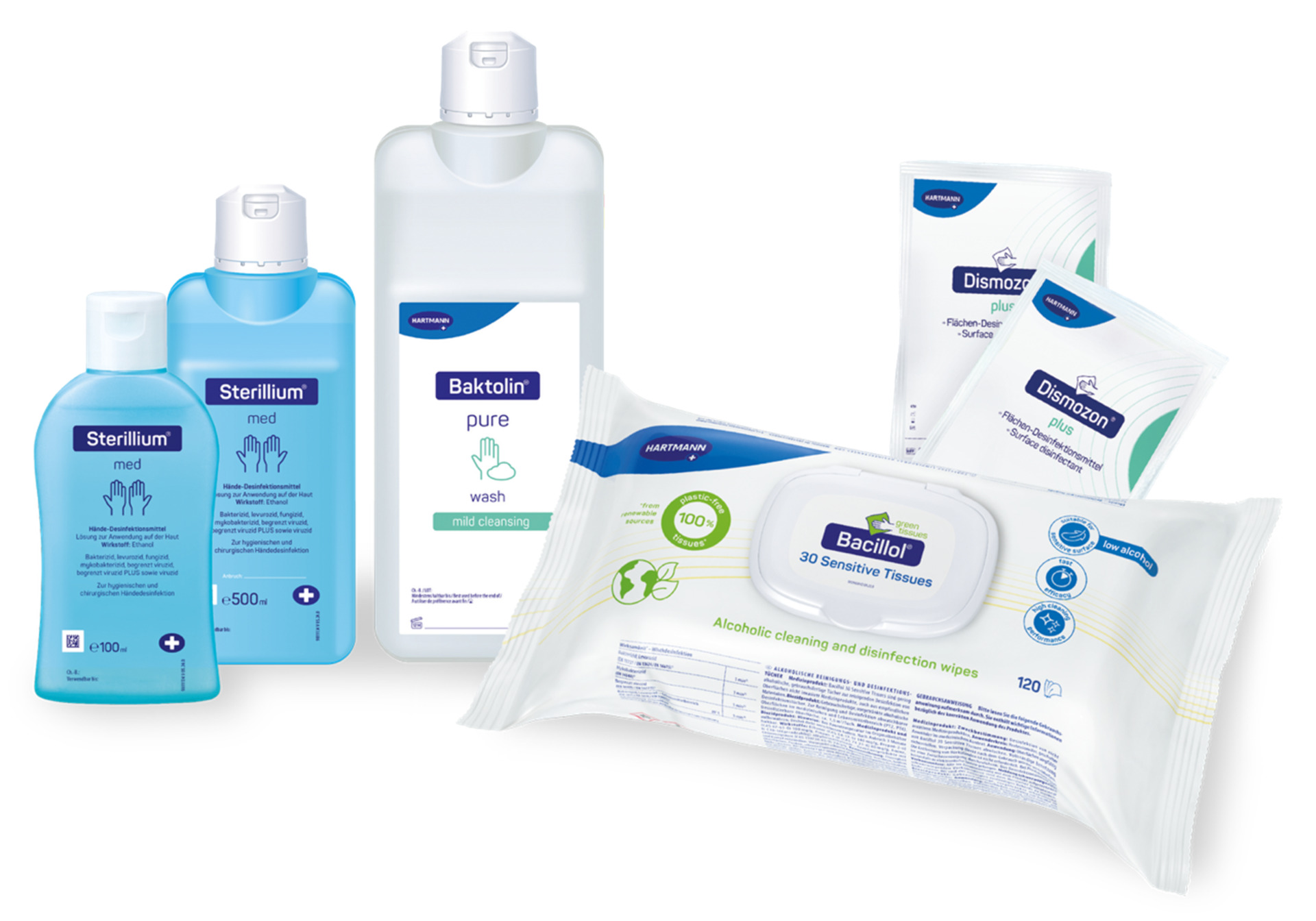  A collection of medical cleaning and disinfection products, featuring Sterillium bottles, Baktolin wash, Bacillol wipes, and Dismozon sachets, arranged elegantly.