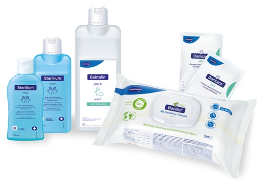 A collection of medical cleaning and disinfection products, featuring Sterillium bottles, Baktolin wash, Bacillol wipes, and Dismozon sachets, arranged elegantly.