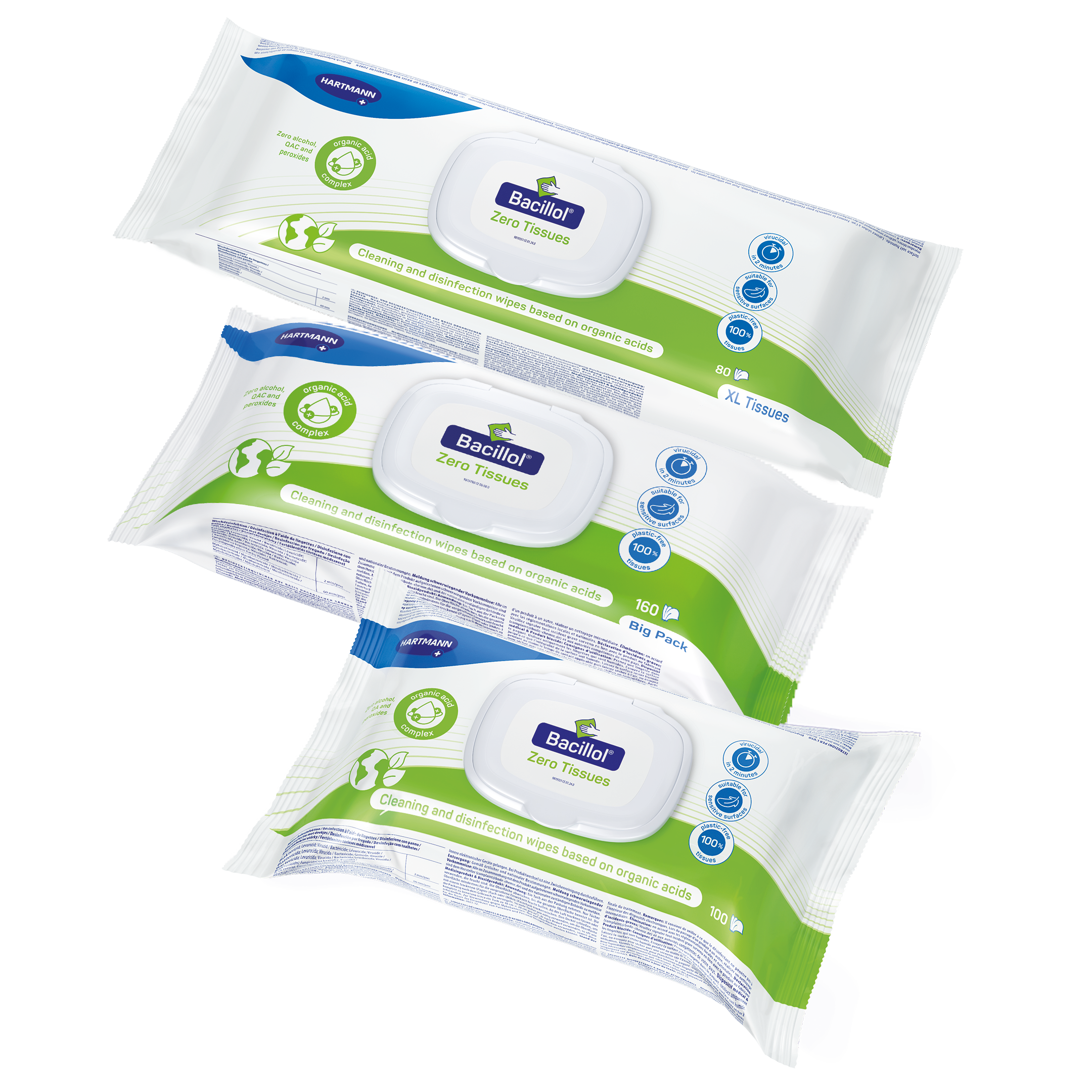 drei Packshotgrößen von Bacillol Zero Tissues